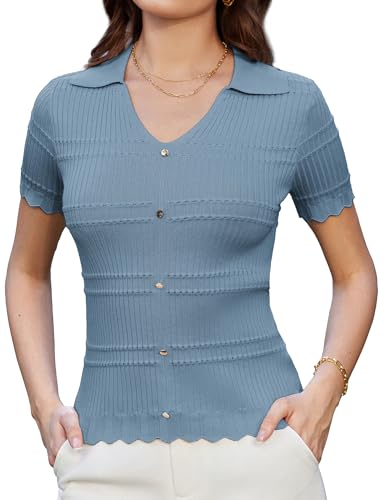 Damen Poloshirt V-Ausschnitt Kurzarm Slim Fit Strickpullover Sweatshirt Leicht Pullover Shirt Graublau L von GRACE KARIN