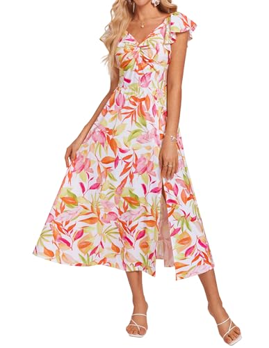 Damen Printkleid Rüschenärmel V-Ausschnitt A-Linienkleid Seitenschlitz Strandurlaubskleid Weiß-orangefarbene Blätter 2XL von GRACE KARIN