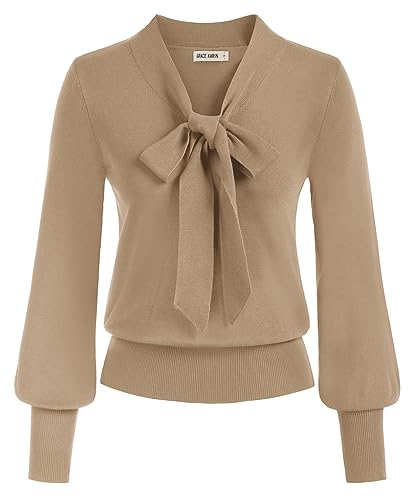 Damen Pulli Kamel Frauen Fliege Hals Christmas Langarm Büro Bluse Casual Shirt Elastisch Vintage Retro Sweatshirt Kamel XXL von GRACE KARIN