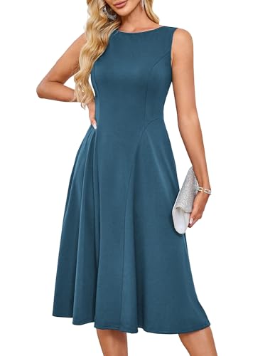 Damen Retro 1950er Partykleid A-Linie Swing Festliche Kleider Rundhals Ärmelloses Cocktailkleid Tailliertes Kleid Party Club Blau Grün L von GRACE KARIN
