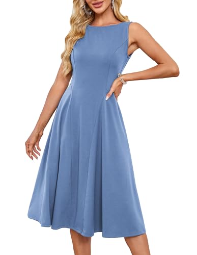 Damen Retro 1950er Partykleid A-Linie Swing Festliche Kleider Rundhals Ärmelloses Cocktailkleid Tailliertes Kleid Party Club Grau Blau L von GRACE KARIN