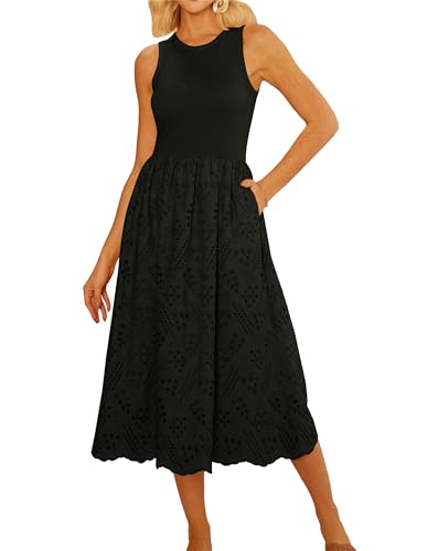 GRACE KARIN Ärmellose Damen Sommerkleider Gesmokte Taille Gestreiftes Maxikleid Patchwork Häkelarbeit Aline Fließendes Kleid Schwarz von GRACE KARIN