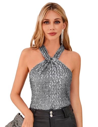 Damen Sexy Elegant Glänzendes Pailletten Oberteil Weihnachten Party Club Solid Farbe Sequin Top Silbergrau L von GRACE KARIN