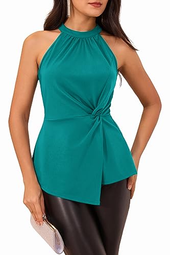 Damen Slim Fit A-Linie Unregelmäßiger Saum Shirts Neckholder Bluse Elegant Oberteile Ärmellos Plissierte Taille Tank Top Blau Grün XL CL2497A23-03 von GRACE KARIN