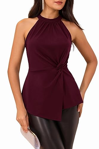 Damen Slim Fit A-Linie Unregelmäßiger Saum Shirts Neckholder Bluse Elegant Oberteile Ärmellos Plissierte Taille Tank Top Weinrot XL CL2497A23-02 von GRACE KARIN