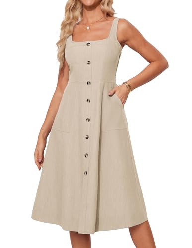 Damen Sommer Ärmelloses Midikleid Freizeit A Linie Knielanges Kleid Verziert mit Knöpfen Aprikose XL von GRACE KARIN