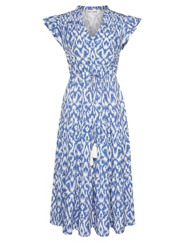 Damen Sommer Blumen Stufen Midi Kleid Rüschen Kurzarm V-Ausschnitt A-Linie Lange Maxi Hochzeit Fließendes Kleid mit Taschen Blau und Weiß M von GRACE KARIN