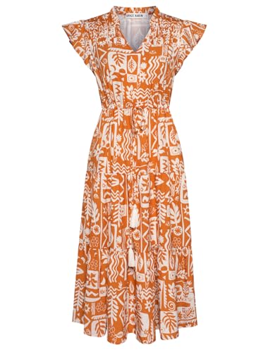 Damen Sommer Blumenstufenkleid Rüschen Kurzarm V-Ausschnitt A-Linie Lange Maxi Hochzeitskleid Fließendes Kleid mit Taschen Orange Floral XL von GRACE KARIN