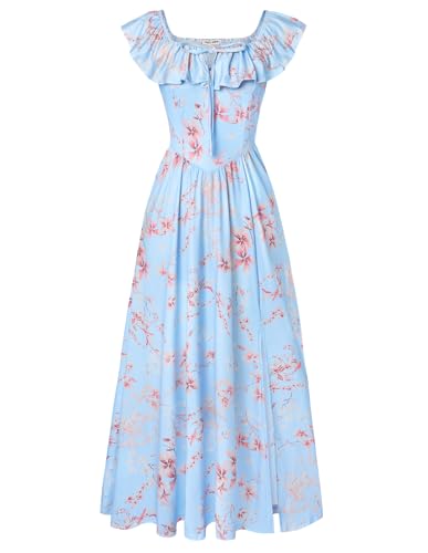 Damen Sommer Boho Strandkleid Freizeit Rüschen A Linie Lang Maxikleid für Urlaub Party mit Taschen CL0213-12/Dunkelrote Blumen auf Blau XXL von GRACE KARIN
