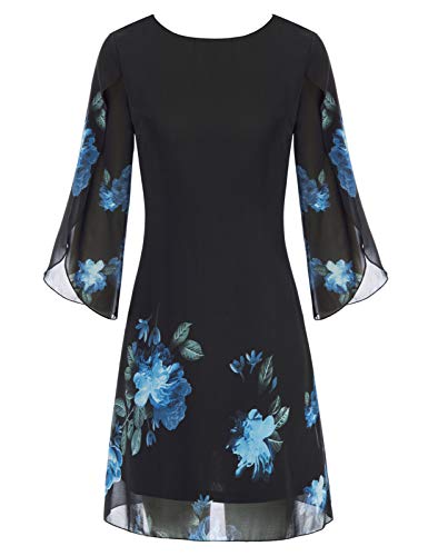 Damen Sommer Chiffon Kleid 3/4 Ärmel Loose Fit Elegant Midi Abendkleid XL Schwarz blau CL11125-24 von GRACE KARIN