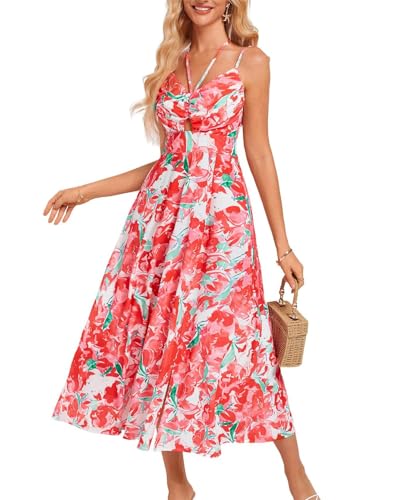 Damen Sommer Floral Maxi Kleid Boho Druck Spaghetti Träger Kleid A-Linie Swing Freizeitkleid Festliche Lange Kleid für Strandabend Rote Blumen XL von GRACE KARIN