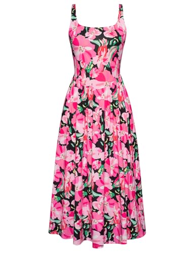 Damen Sommer Floral Midi Kleid Boho Druck Spaghetti Träger Kleid Taillen Slim Fit A-Linie Freizeitkleid mit Taschen Rosenrote Blumen XXL von GRACE KARIN