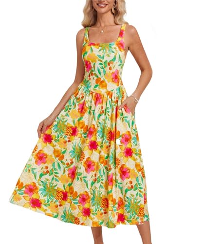 Damen Sommer Floral Midi Kleid Boho Druck Spaghetti Träger Kleid Taillen Slim Fit A-Linie Urlaubkleid mit Taschen Tropische Blumen XXL von GRACE KARIN