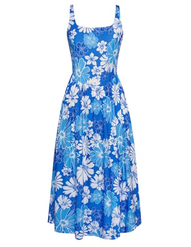 Damen Sommer Floral Midi Kleid Boho Druck Spaghetti Träger Kleid Taillen Slim Fit Garten Partykleid mit Taschen Blaue Blumen XXL von GRACE KARIN