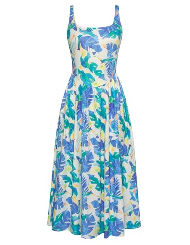 Damen Sommer Floral Midikleid Boho Druck Spaghetti Träger Kleid Taillen Slim Fit A-Linie Kleid mit Taschen Grüne Blätter XXL von GRACE KARIN
