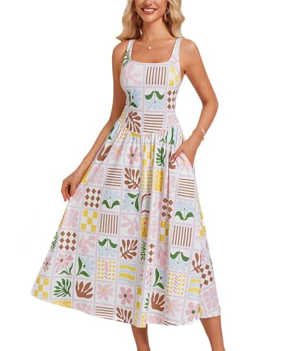 Damen Sommer Floral Midikleid Boho Druck Spaghetti Träger Kleid Taillen Slim Fit A-Linie Kleid mit Taschen Kariertes Gemälde XXL von GRACE KARIN