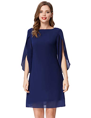 Damen Sommer Kleid Chiffon 3/4 Ärmel Loose Fit Casual Midi Cocktailkleid XL Navyblau CL888-6 von GRACE KARIN