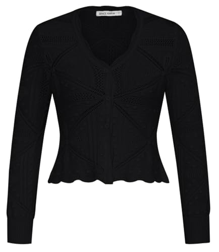 Damen Sommer Langarm Klimaanlagenjacke Vintage Klassisch Strickpullover mit V-Ausschnitt Shrug Solid Cardigan Top Schwarz S von GRACE KARIN