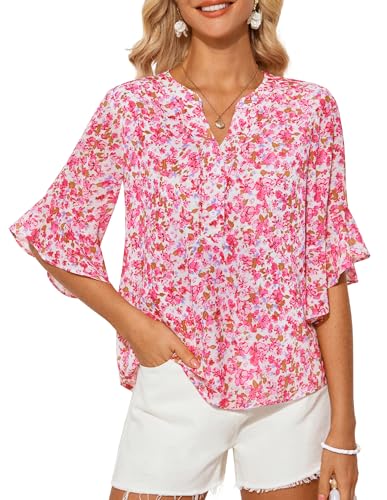 Damen Sommer Leicht Bluse Loose Fit Chiffon Kurzarm Blusenshirt Atmungsaktiv Leicht Sommer Top für Freizeit Urlaub Rosa XXL von GRACE KARIN
