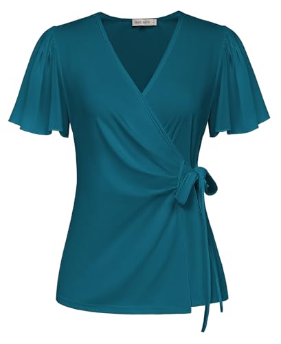 Damen Sommer Leicht Shirt Chiffon Kurzarm Blusenshirt Elegant Wickelbluse Atmungsaktiv Top für Freizeit Urlaub Indigoblau XXL von GRACE KARIN