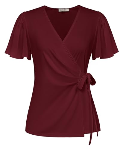 Damen Sommer Leicht Shirt Chiffon Kurzarm Blusenshirt Elegant Wickelbluse Atmungsaktiv Top für Freizeit Urlaub Weinrot XXL von GRACE KARIN