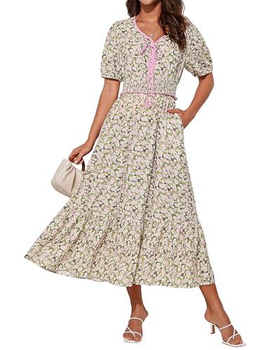 Damen Sommer Midi Blumenkleid Kurzarm V-Ausschnitt Freizeitkleid Elegant A Linien Sommerkleid Grün-Rosa Blumen S von GRACE KARIN