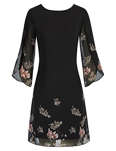 Damen Sommer Midi Kleid 3/4 Ärmel Freizeitkleid Elegant Chiffon Kleid Loose Fit Kleid S Schwarz-Rosa CL11125-31 von GRACE KARIN