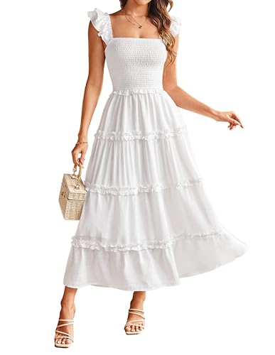 Damen Sommer Spaghettiträger Freizeitkleid Rüschen Gestuftes A Linie Maxikleid mit Taschen CLK028-2/Weiß XXL von GRACE KARIN