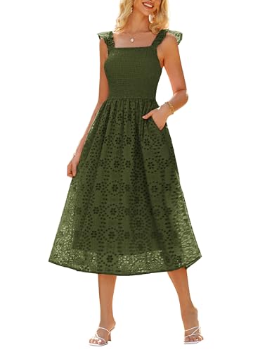 Damen Sommer Strandkleid Leicht Swing mit Rüschen Einfarbig Lang Kleid S Armeegrün von GRACE KARIN