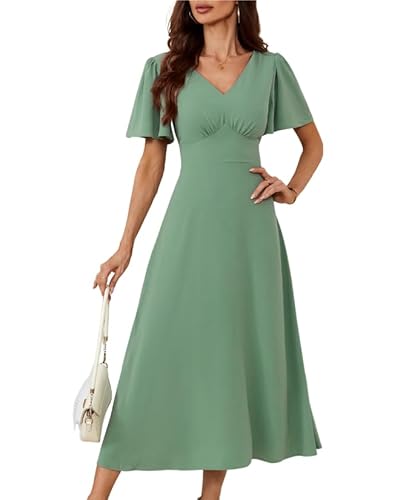 Damen Sommer V-Ausschnitt Cape Ärmel Wickelkleid Causual Elegant Arbeitskleid Business OL A-Linie Kleid Hellgrün XL von GRACE KARIN