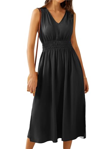 Damen Sommer V-Ausschnitt Freizeitkleid Seitenschlitz Ärmelloses Elastischer Taille A Linien Kleid mit Taschen Schwarz L von GRACE KARIN