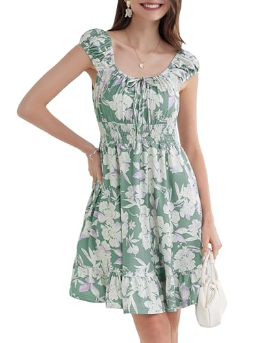 Damen Sommerkleid A-Linie Kleid Casual Blumendruck Kleid Kurzes Floral Freizeitkleider Elegant Midikleid Boho Kleid L Weiße Blume-Grün CL3017S24-05 von GRACE KARIN