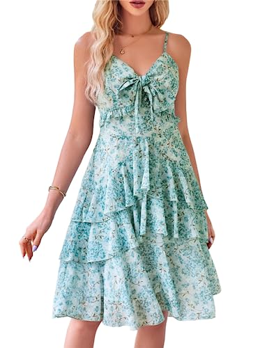 Damen Sommerkleid Ärmelos Bindegürtel Midi-Kleid mit Selbstbindescheif Front Elegant A-Linie Feizeitkleid Blumenmuster Knielang L Blaugrüne Blume von GRACE KARIN