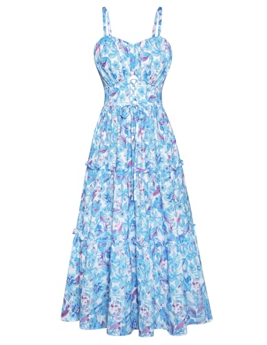 Damen Sommerkleid Spaghettiträger Blumenmuster Partykleid Sommer A Linie Strandkleid Böhmisch Hochzeit Blau-Lila Blume M-1 von GRACE KARIN