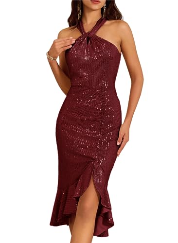 Damen Sparkle Party Bodycon Bleistiftkleid Ärmelloses Neckholder Solide Farbe Elegant Cocktailkleider für Frühlings Sommer Herbst Rotwein XXL von GRACE KARIN