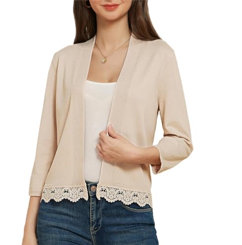 Damen Spitze Bolero Gestrickt Elegant Strickjacke Vintage 3/4 Ärmel Cardigan Solid Ausschnitt Bolerojacke Sommer Freizeit Oberteile Aprikose L von GRACE KARIN