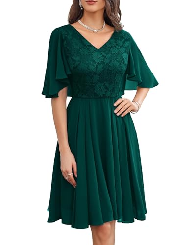 Damen Spitzenkleid Leicht Fledermausärmel Brautjungfer Elegant Partykleid Knielang Cocktailkleid Chiffon A-Line Geschneidert Dunkelgrün 36 von GRACE KARIN