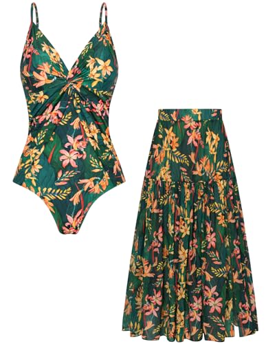 Damen Straps Bikini Hohe Taille V Ausschnitt Schwimmen Badeanzug mit Langem Rock Grün L von GRACE KARIN