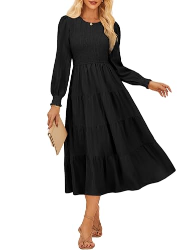 Damen Stufenkleid Langarm Rundhals Freizeitkleid Tiered A Line Hochzeitsgast Party Kleid CL145-01/Schwarz XL von GRACE KARIN