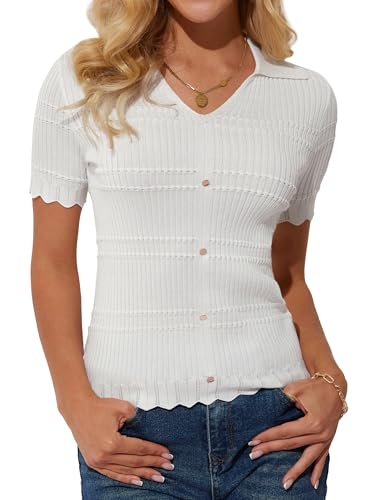 Damen Sweatshirt Kurzarm V-Ausschnitt Poloshirt Basic Shirt Strickpullover Reverskragen Elfenbein M von GRACE KARIN