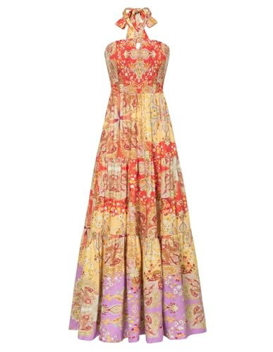 Damen Swing A-Linie Strandkleid Ärmellos Elegante Sommerkleid mit Taschen Maxi Boho Kleid Blumen-Rüschen Maxikleid Gelb Lila M von GRACE KARIN