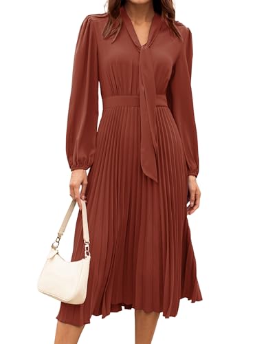 Damen Swing Herbst Winter Frühling Kleid Langarm V-Ausschnitt Kleid Hohe Taille Orange 38 von GRACE KARIN