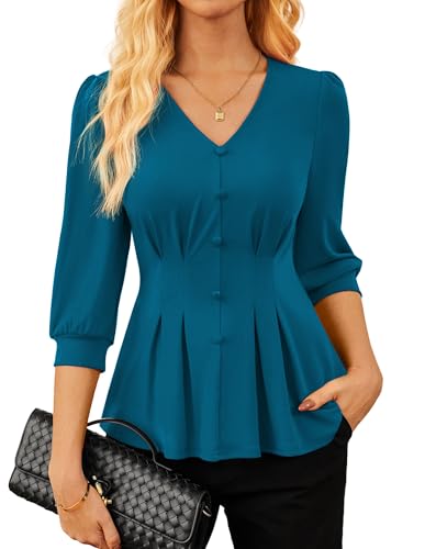 Damen T-Shirt Bluse 3/4 Arm V-Ausschnitt Blusenshirt Casual Stretch Strickpullover Plissee Lockere Arbeitsoberteile Pfauenblau XXL von GRACE KARIN