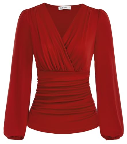 Damen T-Shirt Langarm V-Ausschnitt Einfarbig Top Slim Fit Plissee-Tops Tunika Blusen Rot-2 S von GRACE KARIN