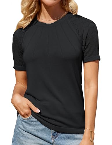 Damen T Shirt Leicht Spitzenbluse Elegant Pullover Kurzarm Sommer Casual Tops Party Blusen M Schwarz -1 von GRACE KARIN