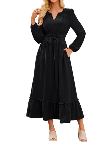 Damen V-Ausschnitt A-Linie Wickelkleid Herbst Winter Solid Farbe Freizeitkleid Langarm Cocktail Alltag Kleid Schwarz M von GRACE KARIN