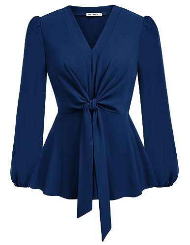 GRACE KARIN Damen V-Ausschnitt Bluse SIM Fit Elegant Tunika Lange Ärmel Casual Shirt Rüschen Bluse mit Gürtel von GRACE KARIN