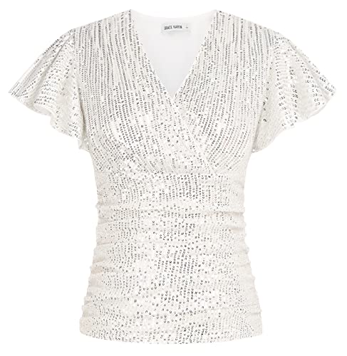 Damen V-Ausschnitt Bluse Tops Pailletten Oberteile Entspannte Passform T-Shirt Party Slim Fit Silber Weiss S von GRACE KARIN