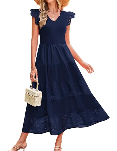 Damen V-Ausschnitt Fliegende Ärmel Freizeitkleid A-Linie Spitzen Casual Kleid Elegant Sommerkleid für Hochzeit Party Marineblau L von GRACE KARIN