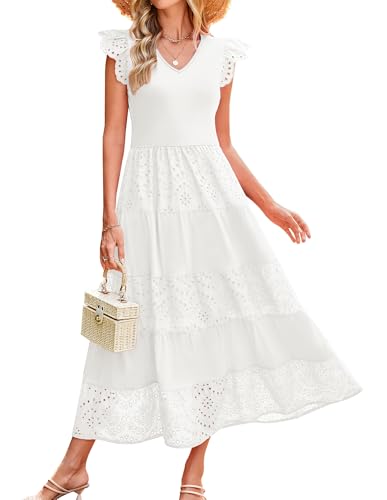 Damen V-Ausschnitt Fliegende Ärmel Freizeitkleid A-Linie Spitzen Casual Kleid Elegant Sommerkleid für Hochzeit Party Weiß L von GRACE KARIN